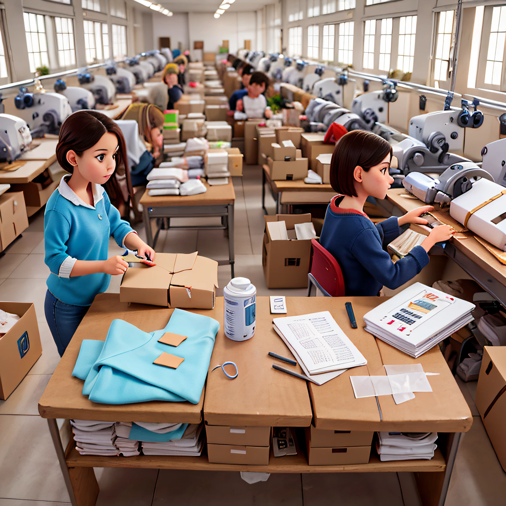 10 people working inside a garment factory. In the picture there is a clothes cutting machine, Sewing Machines, pessoas recortando roupas, pessoas mexendo no computador, 3 people looking at the camera and waving. People are in simple clothes, de trabalho. Tem um cabide de roupas prontas. There are several boxes waiting for the truck to load. The environment is modern and technological.