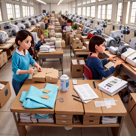 10 people working inside a garment factory. In the picture there is a clothes cutting machine, Sewing Machines, pessoas recortan...