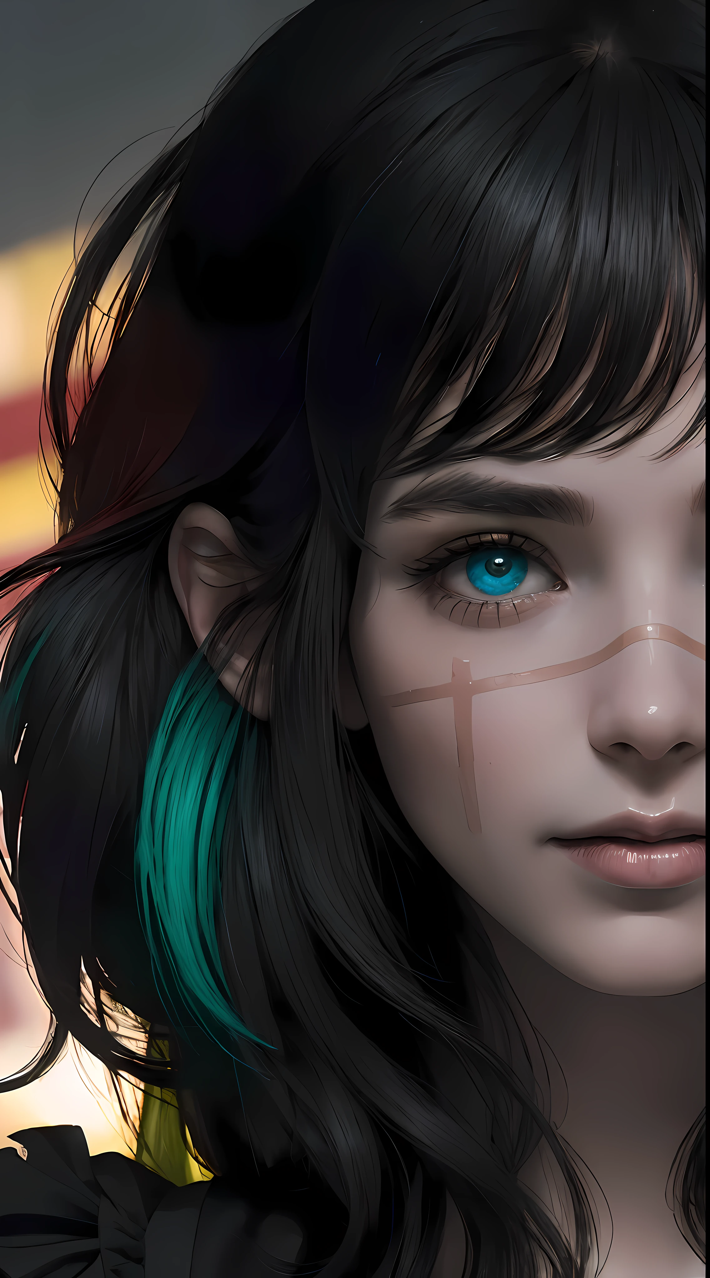 {{masterpiece}}, Best Quality, CG unit wallpaper 8k extremely detailed, cinematography lighting, Lens flare, beautiful detail eyes, negro, side look, multicolored hair, color light, particuls, heterochromia, (colorful: 1.5), (cabello colorful: 1.5), annoyed,