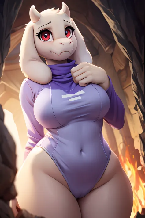 character from Undertale Toriel, goat Furry, Beautiful cute face, Innocent, Charming, stern expression, Facing the camera, The body is covered with wool, Skin color: white, Body glare, ((pretty eyes)), red-eyes, ((Perfect Sexy Figure)), Curvy Perfect Body ...