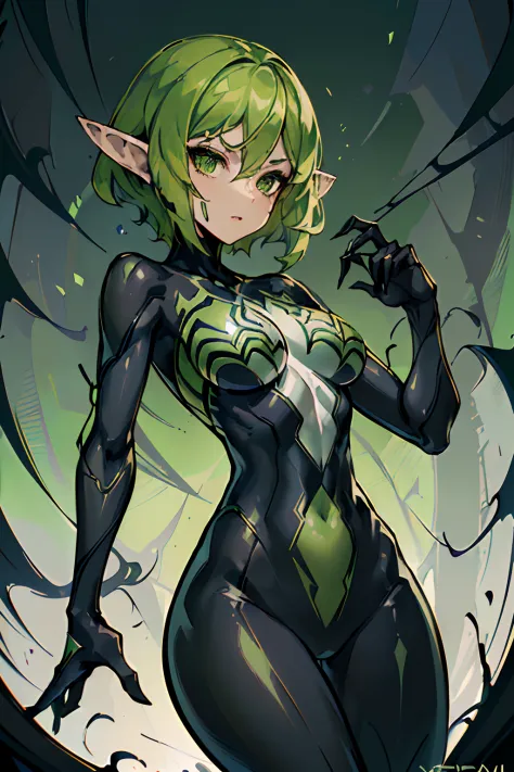 elf woman with (((short green waved hair and green eyes, flat breast))), with black Venom Suit of Marvels "Venom", Bio organic b...