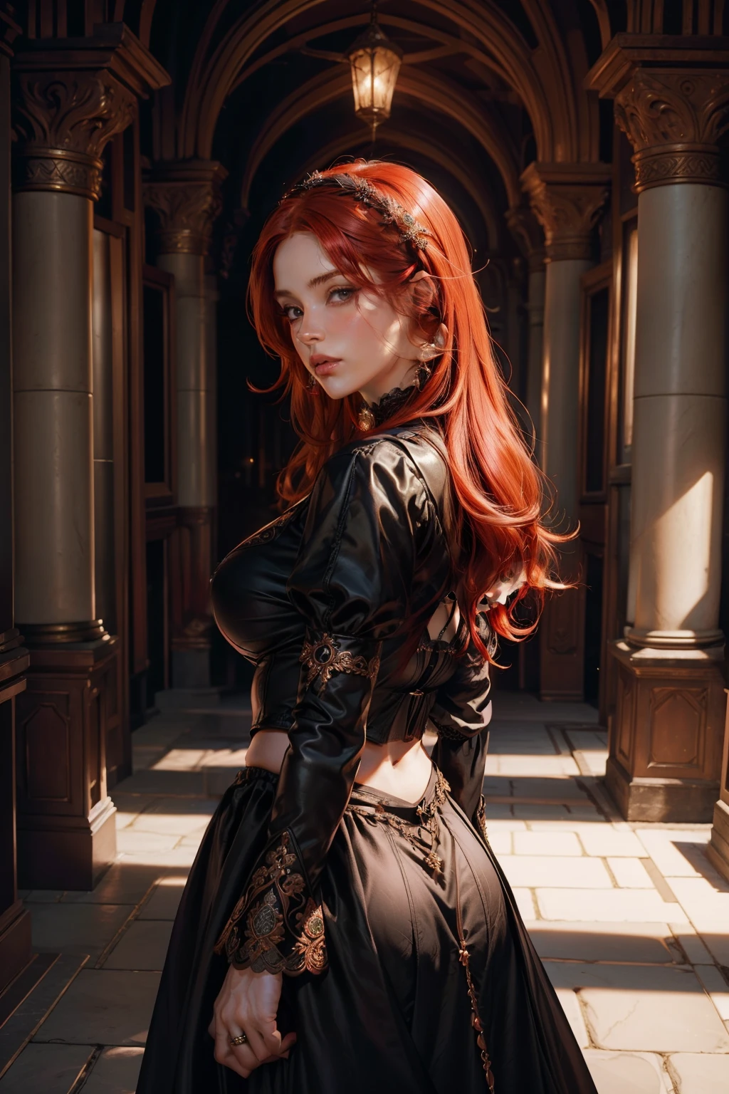 Photo of a woman with red hair and a death grip in a black dress, John Collier's Art Style, Virgo with copper hair, Style by Karol Buck, Young Redhead, portrait of a young witch, No Bowwater Art Style, Stage Director: Roberto Lankiewicz, Geraldo Brohm, Alberto Lynch, portrait of princess merida, Dave Sim, Red-haired girl in a dark palace, Black and purple velvet dress in a kokoshnitsa, Luxury Gypsy Clothing, Head Decoration, lace choker, tmasterpiece, topquality, (Odin), (a perfect face: 1.3), (higly detailed: 1.2), dramatic, 1girl, Angel, (Pale-skinned), Long red hair, dark red hair, (Huge-breasts), light eyebrows,,,,,, hairlong, the night, Purple and Black Medieval Gypsy Clothing, a lot of jewelry, Head decorations, brown eye, The navel is covered, pouty lips, Curvilinear, (Hands Behind Your Back: 1.4), Covered, Detailed background of the palace, Arte de Artgerm e Greg Rutkowski, 电影灯光, , moda, balenciaga, Alexander McQueen, glistering, Copper-red hair, Copper-red hair, redhead hair, redhead woman, Beautiful red hair, Redhead, Pale-skinned, Bottle of Fat, large lips, juicy lips beautiful lips, pretty eyes, Chubby Buchachas, round face, Chubby young woman, Chubby Teen, chub, fat, Woman with chubby body, Chubby woman, Black Dress, Gloomy dress