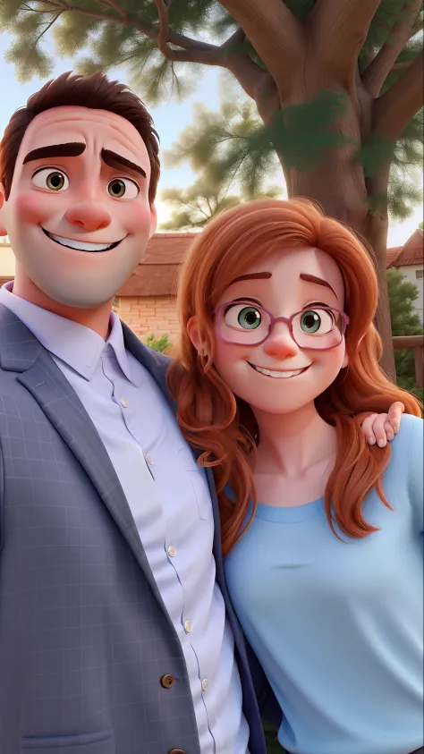 Hugging couple smiling for a Pixar style selfie