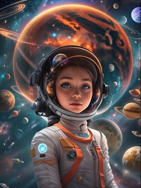 Imagine a space girl exploring the cosmos. Create a vivid and captivating visual or written depiction of her interstellar adventure, complete with the wonders she encounters, the technology she wields, and the cosmic beauty that surrounds her.