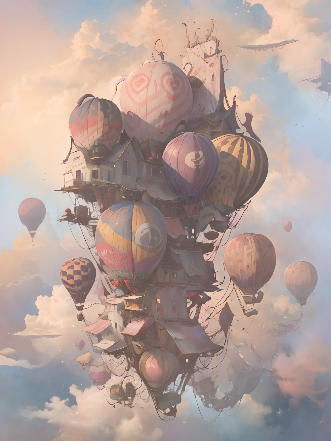 Il y a une montgolfière rose，De nombreux ballons flottent dans le ciel, comme une montgolfière, joli art numérique détaillé, une belle illustration d&#39;œuvre d&#39;art, illustration onirique, nuages d&#39;anime roses moelleux, tendance sur artstation pixiv, jolie illustration détaillée, fait de barbe à papa, Château de nuages volants, adorable art numérique, Belle œuvre d&#39;art numérique, Tendance sur CGSTATION