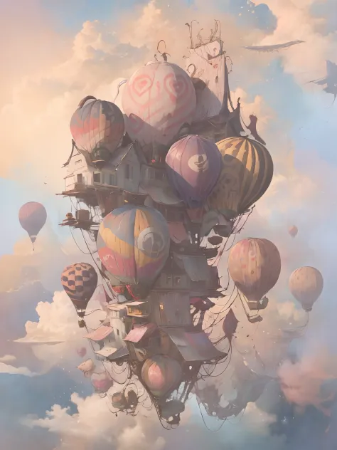 there is a pink hot air balloon，there are many balloons floating in the sky, as an air balloon, cute detailed digital art, a bea...