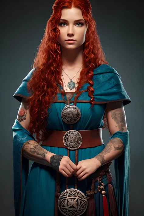qualidade absurda. natural  lightting. hiper-realismo. Fantastic illustration. Redhead girl with long curly hair and rose tattoo...