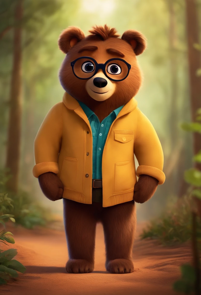 A close up of a cartoon bear wearing glasses in a forest - SeaArt AI