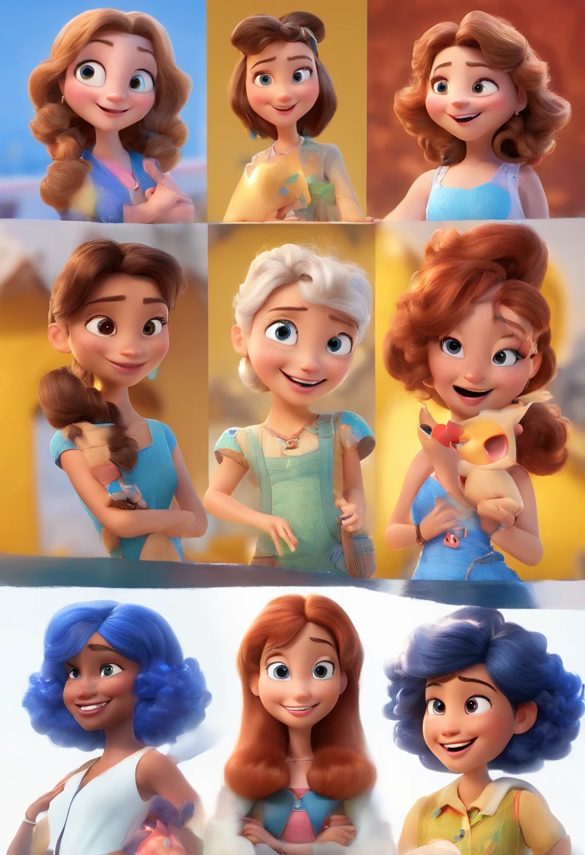 esenho animado, 3D Animation Movie Poster, Poster de filme animado, pixar 3 d animation style, pixar renderman rendering, maia 8 mil, animation film, Disney Pixar Estilo 3D, 4 amigas felizes, 1 mulher ruiva, 1 pregnant blue-eyed blonde woman, 1 mulher de cabelos castanhos curtos, 1 mulher branca de cabelo preto curto, 1 mulher parda de cabelos longos castanhos, sorrindo para foto, Disney Pixar Animation Poster, escrito LA-BORA! gov