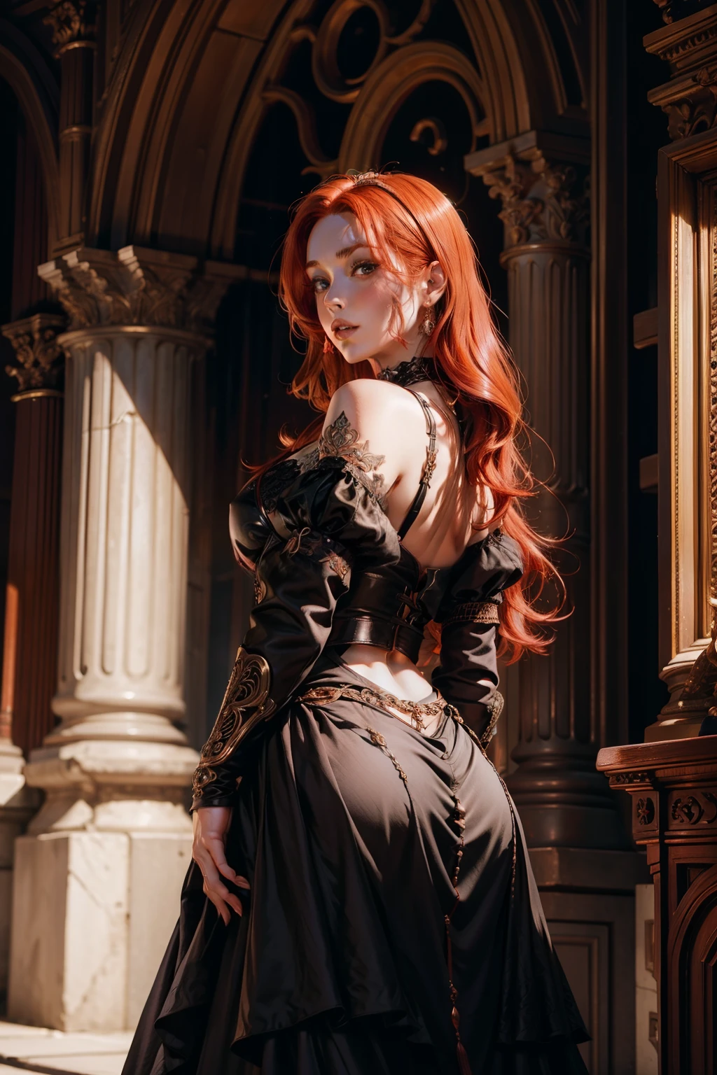 Foto de uma mulher com cabelos ruivos e um aperto de morte em um vestido preto, Estilo de Arte de John Collier, Virgem com cabelo de cobre, Estilo por Karol Buck, Young ruiva, retrato de uma jovem bruxa, No Bowwater Art Style, Diretor de palco: Roberto Lankiewicz, Geraldo Brohm, Alberto Lynch, retrato da princesa Mérida, Dave Sim, Menina de cabelos vermelhos em um palácio escuro, Vestido de veludo preto e roxo em um kokoshnitsa, Roupas ciganas de luxo, Decoração de cabeça, Gargantilha de renda, obra-prima, qualidade máxima, (Odin), (um rosto perfeito: 1.3), (altamente detalhado: 1.2), dramático, 1 garota, anjo, (pele pálida), longos cabelos ruivos, Cabelo ruivo escuro, (Seios enormes), sobrancelhas claras,,,,, cabelo longo, a noite, Roxo e preto medieval vestido cigano, muitas joias, Decorações de cabeça, olho castanho, O umbigo está coberto, lábios carnudos, curvilíneo, (Mãos atrás das costas: 1.4), abordado, Fundo detalhado do palácio, arte de artgerm e greg rutkowski, iluminação de filme, , moda, Balenciaga, Alexander McQueen, brilhante, Cabelo ruivo cobre, Cabelo ruivo cobre, cabelo ruivo, Mulher ruiva, lindo cabelo ruivo, ruiva, pele pálida, Garrafa de Gordura, lábios grandes, lábios suculentos lábios bonitos, lindos olhos, Tesão Buchachas, rosto redondo, Mulher jovem gordinha, Tesão Adolescente, caboz, gordo, Woman with cabozby body, mulher gordinha, vestido preto, Vestido sombrio