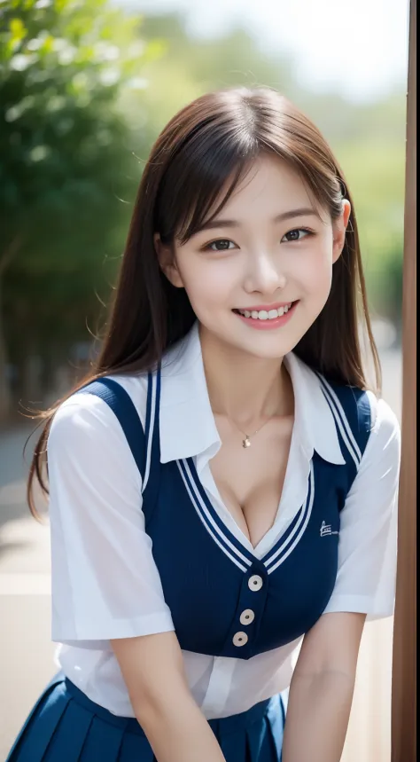 Enhanced dynamic perspective，Cute cute 15 year old beautiful girl，((School uniform, Short sleeve shirt))、Short pleated skirt、Look at me and smile，simple backgound，Works of masters，high quarity，4K resolution，super-fine，Detailed pubic hair，acurate，Cinematic ...