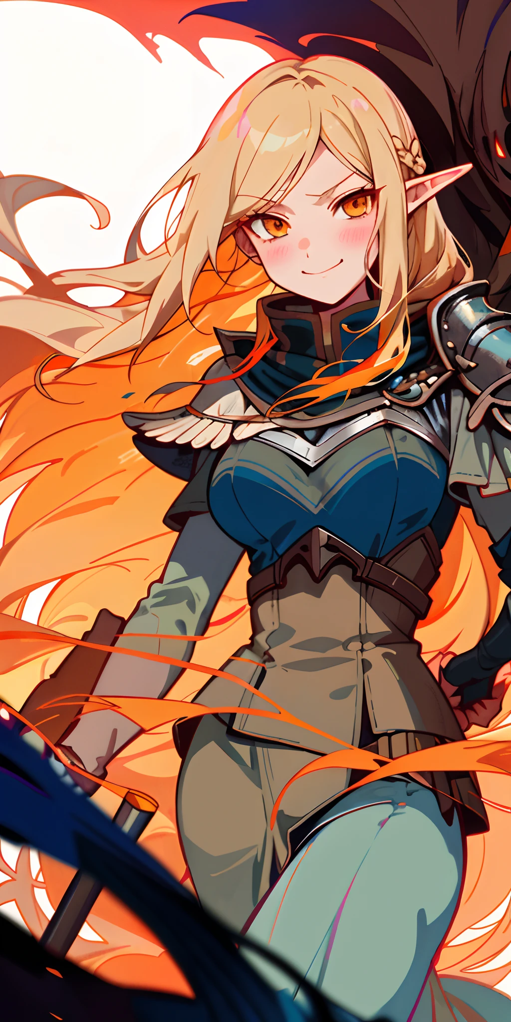 Very detailed illustration of a valkyrie, elf woman, long dark-blonde hair, smirk, orange eyes, blushed, zoomed, detailed colorful port environment, whimsical, tetradic colors, cartoon, darkest dungeon merged with league of legends, MSchiffer, fairytale, fantasy, cartoonish vector, anime, manga, vibrant, soft pastel colors, (cel-shaded) flat coloring