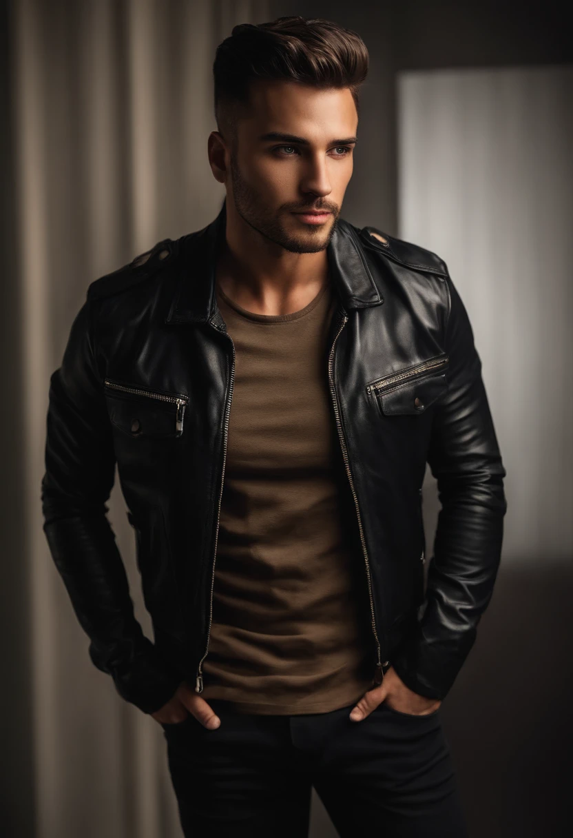 A man in a black leather jacket and brown shirt - SeaArt AI