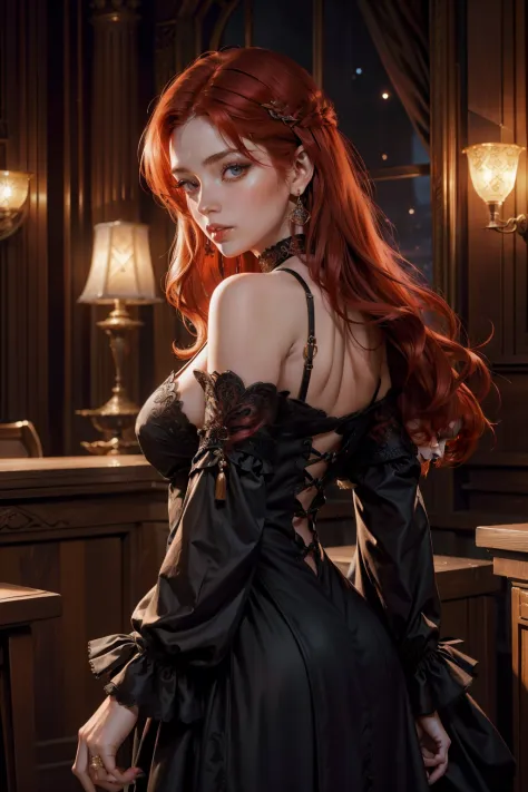 Photo of a woman with red hair and a death grip in a black dress, John Collier's Art Style, Virgo with copper hair, Style by Kar...