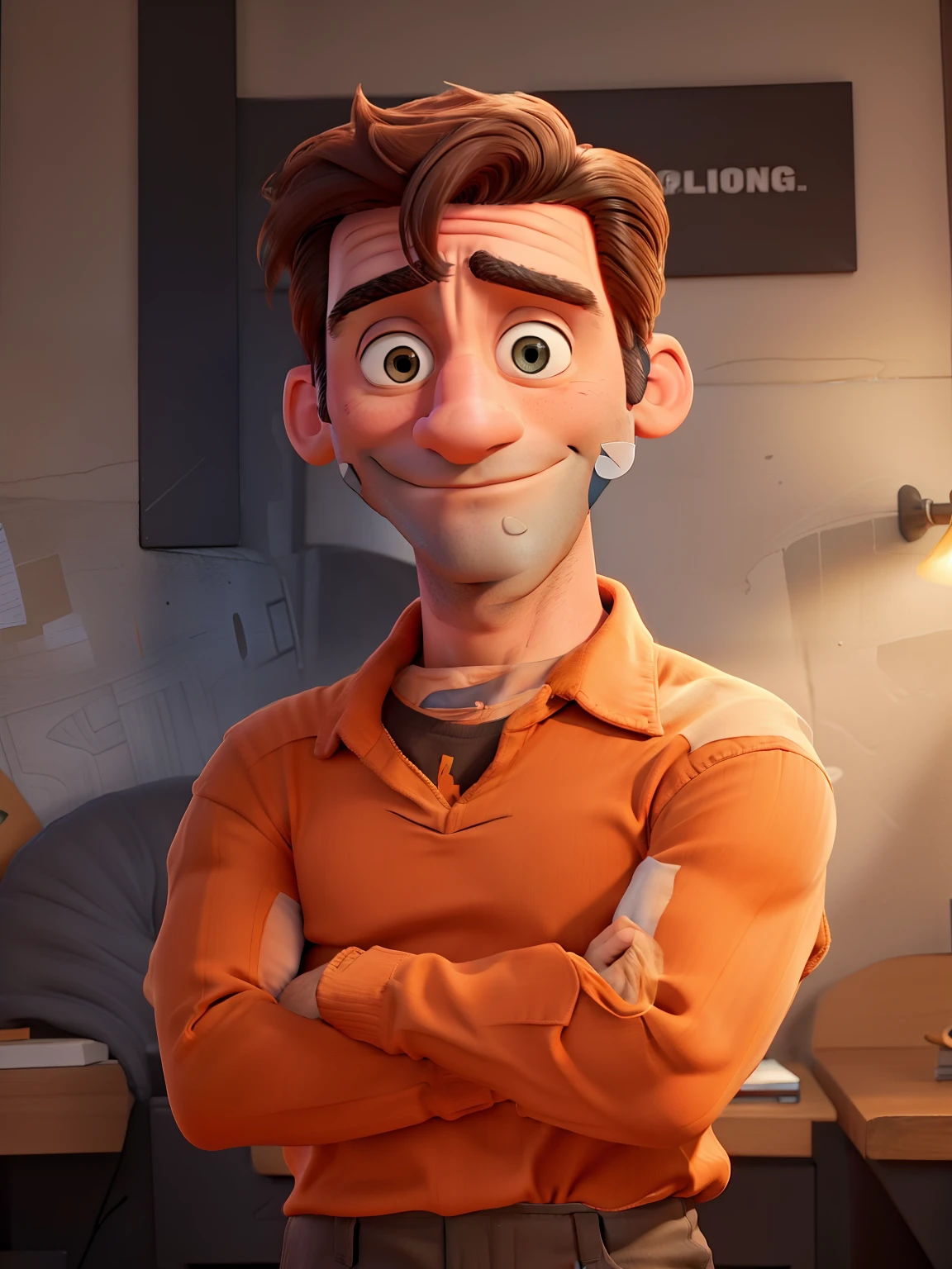 Jon Hamm, Cartoons in orange shirt and black pants, arms crossed, olhando para frente e sorrindo com os dentes aparecendo;