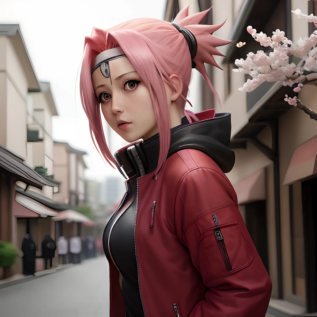 Anime - style girl with pink hair and headphones standing in a street -  SeaArt AI