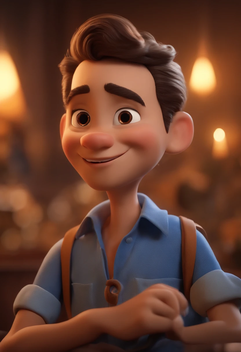 Garoto, estilo disney, tom de pele: claro:  Cabelo: marrom escuro, liso, curto, penteado para o lado direito. camisa: social, Cor azul. Fundo: Gray and white gradient,Comemorando, Hands raised, sorrindo, feliz, (estilo pixar) (obra-prima:1.2) (bokeh) (melhor qualidade) (pele detalhada) (textura detalhada) (8k) (claymation) (cinematic lighthing) (foco nítido