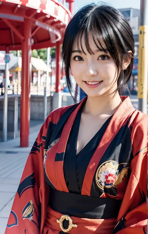 Cute Japan person with black hair, Pretty little girl in red kimono, Cute girl walking in an amusement park, Pretty girl with short black hair, Pretty girl with a smile, Cute girl with big and cleavage, photorealistic anime girl render, real life anime gir...