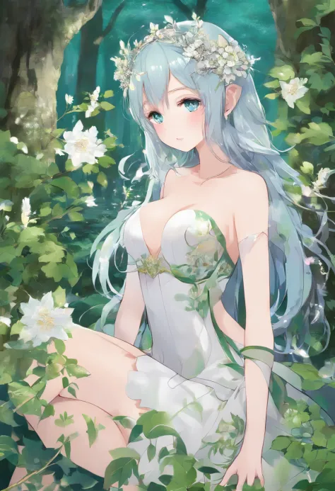 (best quality, masterpiece:1.2), 1 girl, (medium breasts:1.4), elf girl, pointy ears, slim girl, beautiful eyes, (lianas covering the breasts:1.2), deep blue eyes, pale green hair, long hair, diasy flowers in hair, silver crown, tall, graceful, in the fore...