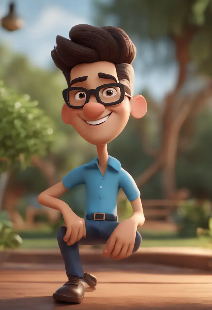 Cartoon character of a man with black glasses and a blue shirt, animation character, Caractere estilizado, Eyebrow Designer Animation Style Rendering, 3D estilizado, Arnold Maya render, 3 d render stylized, toon render keyshot, Personagem 3D, Personagem 3D...