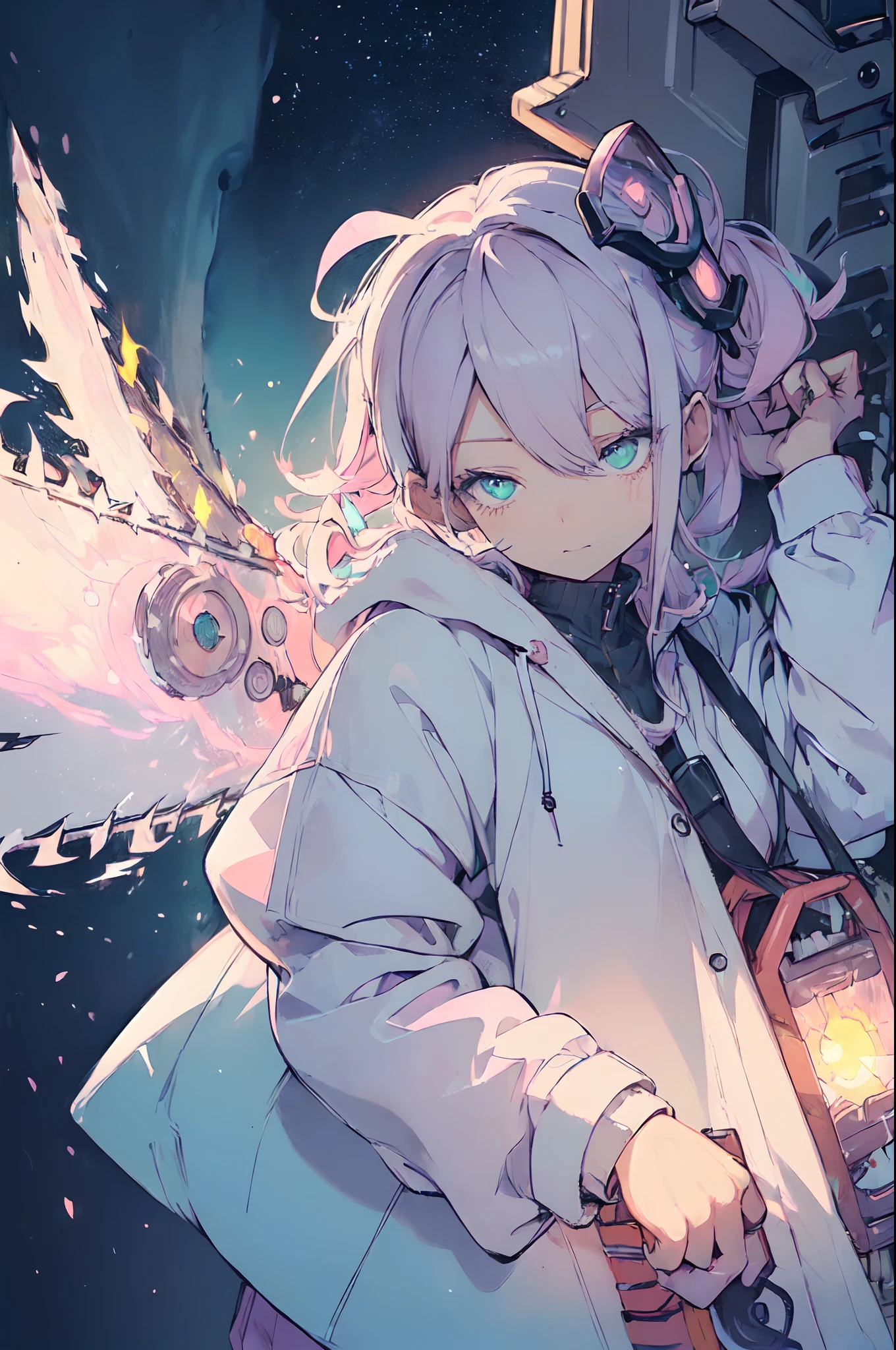 (Cute illustration:1.5),(pastel color:1.5),(Cute,kawaii,Dolce:1.2),(watercolor paiting:1.1),
1girl in,Solo,
oversized hooded jacket,
Full body,open stance,
BREAK
(A chainsaw that glows furiously:1.5)
(In his hand he holds a huge chainsaw:1.6),
(Huge and cute weapons , Huge and cute weapons:1.3),

break
Simple background,
bold outline,Flat color,fine outline,Pink outline,
nice hand, Perfect hands,Hold the chain perfectly、A chainsaw that glows furiously、Far-reaching、((Watching from a distance:1.3))、(wide angles)