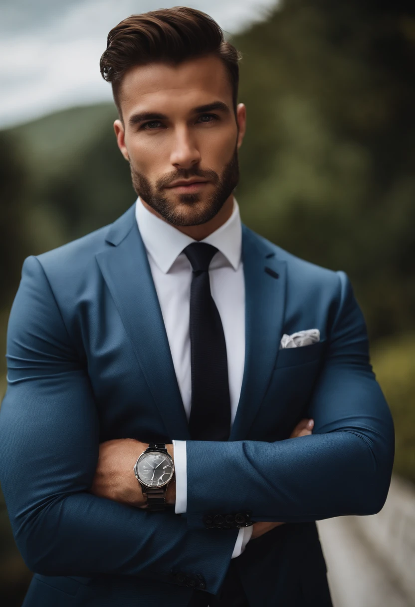 attractive 30 year old man in Hugo boss business suit , Belle barbe , Executive Sexy Man, Terno donc, Front camera focus, mode portrait, perfectly straight in front of the camera