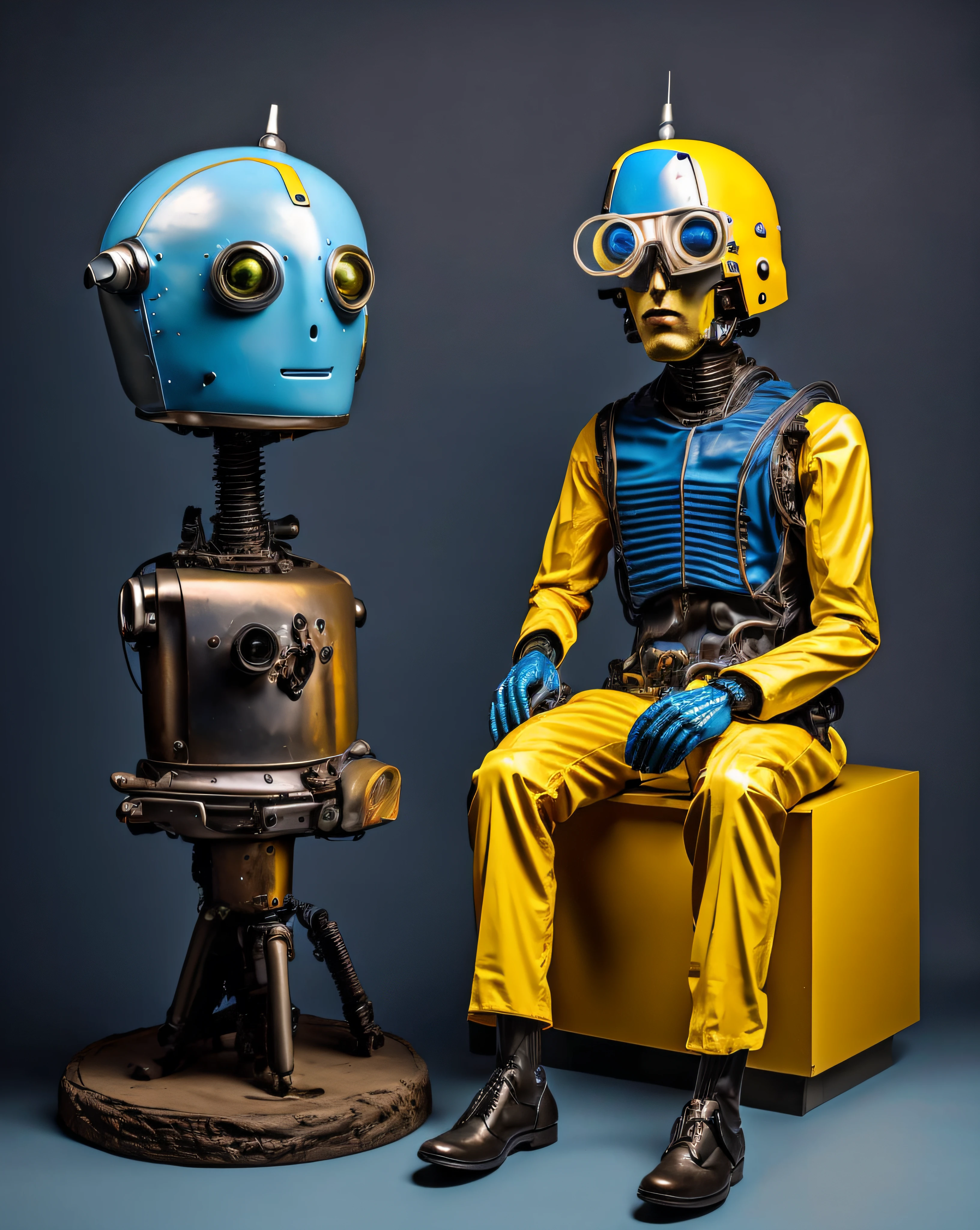 une statue d'un homme avec une tête bleue et un corps jaune , seulement, 1garçon, Séance, foyer masculin, parodie, casque, robot, la science-fiction, Réaliste, style artistique rétro, chauve, extraterrestre