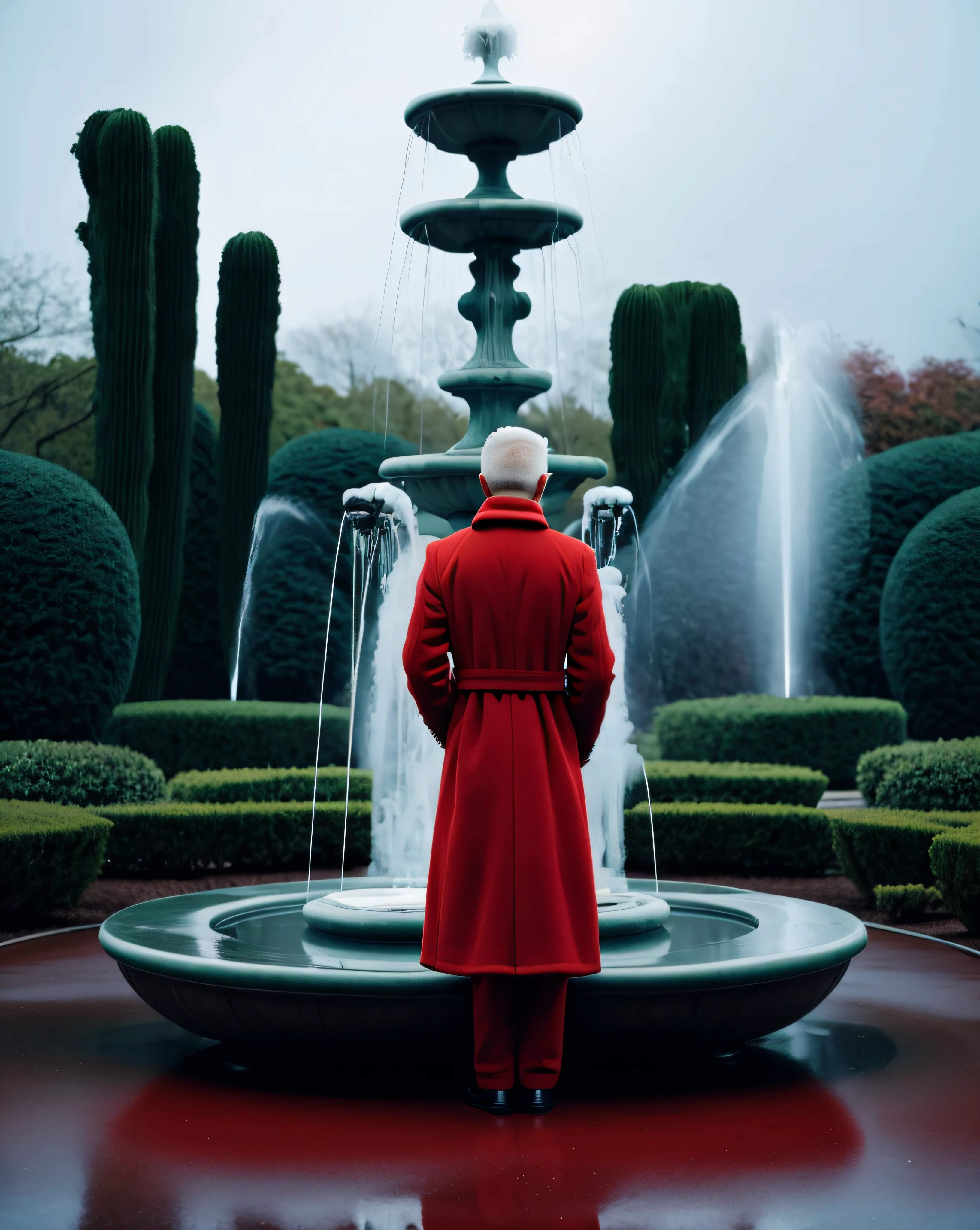 a man in a red coat стоя in front of a fountain , Один, 1 мальчик, стоя, белые волосы, мужской фокус, сзади, пейзаж