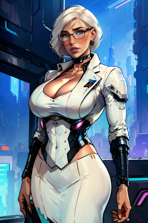 ch3rryg1g, ((masterpiece)), Caucasian, woman, beautiful, supermodel face, round cheeks, 1 Girl, large Boobs, curly bob cut, white hair, ((cyberpunk business suit, cleavage)), blue eye color: 1.5, (freckled face), ((glasses)), fingernails, earrings, light b...