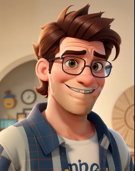 Homem bulky jovem, cabelo curto loiro e barba loira, wearing glasses, smiling and looking at the camera, no parque, Pixar Style Poster