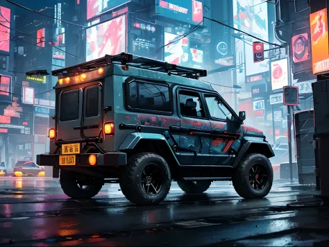 (Rain in the middle of the night:1.3), (Detailed beautiful skin texture, Detailed beautiful face, Ultra detailed clothing textures), , (Cyberpunk:1.4), , (ultra-detailliert (cyberpunked:1.5) and 2 doors (Ultra-Small Utility Vehicle:1.5) with (Load on the r...