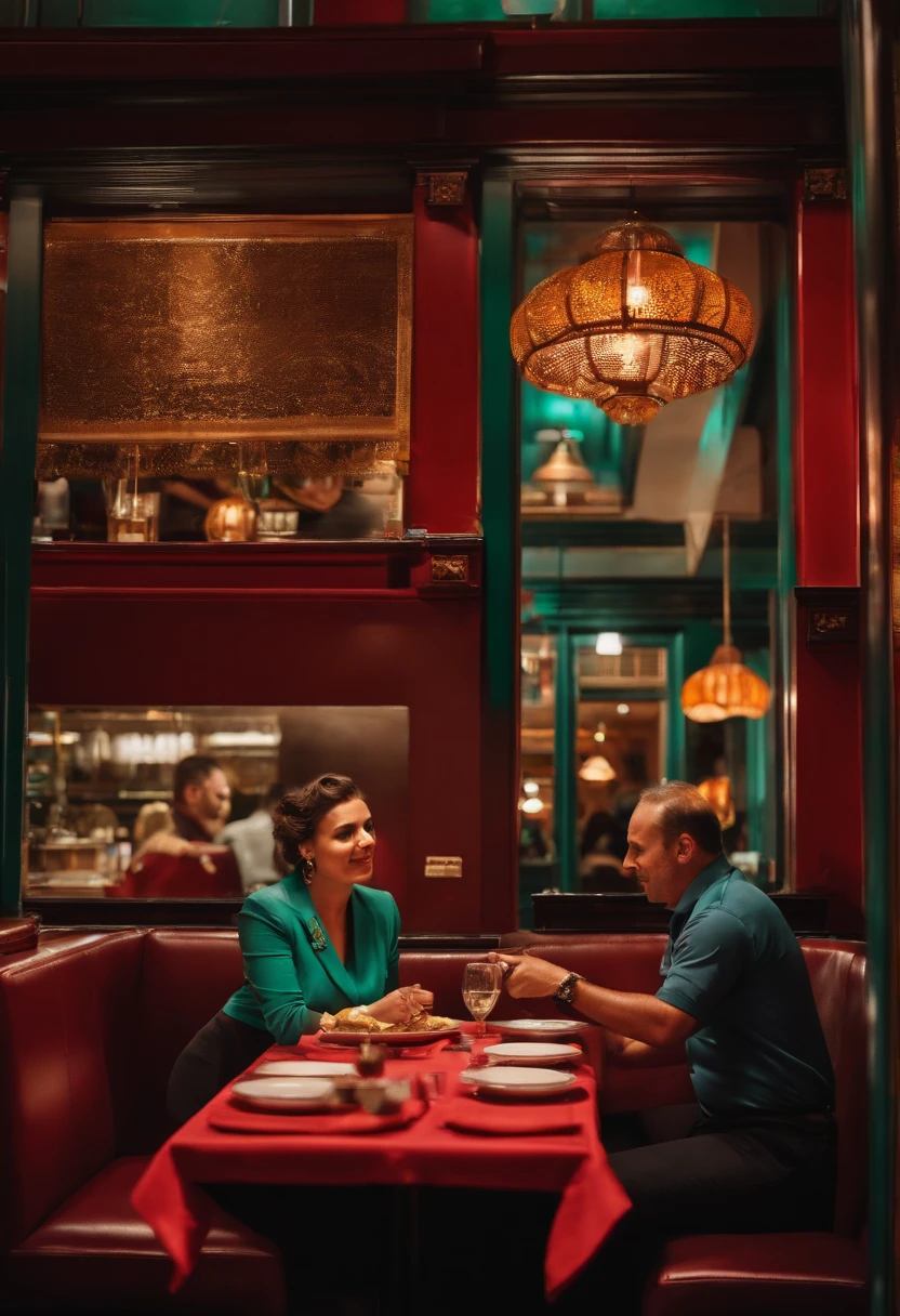 Um casal sentado à mesa de um restaurante comendo comida - SeaArt AI