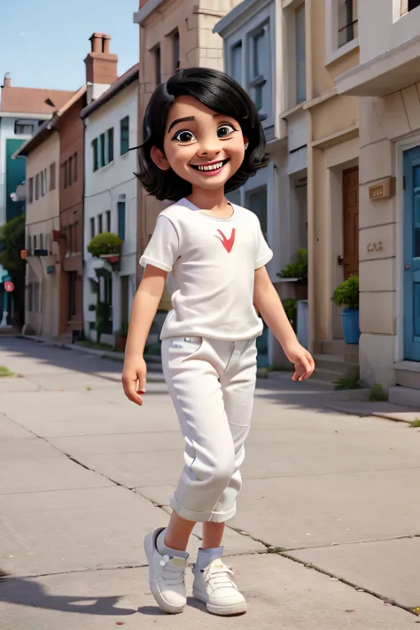 girl, full body, looking forward, avatar, smiling with teeth, black hair, dress, 3d, pixar all white background