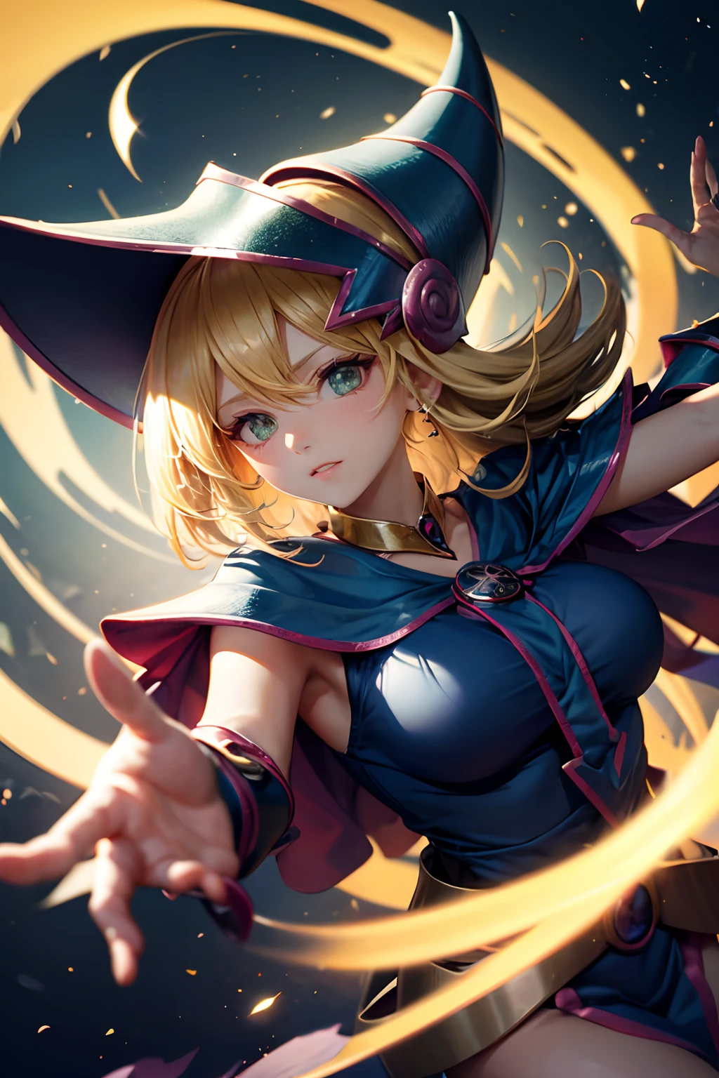 (Masterpiece:1.2), (The best quality:1.2), Perfect lighting, Dark Magician Girl casting a spell, floating in the air, big tits, neckline, magic background. Transparent hearts in the air, blue robe, big hat, From above, sparkles, Yugioh Card in the background