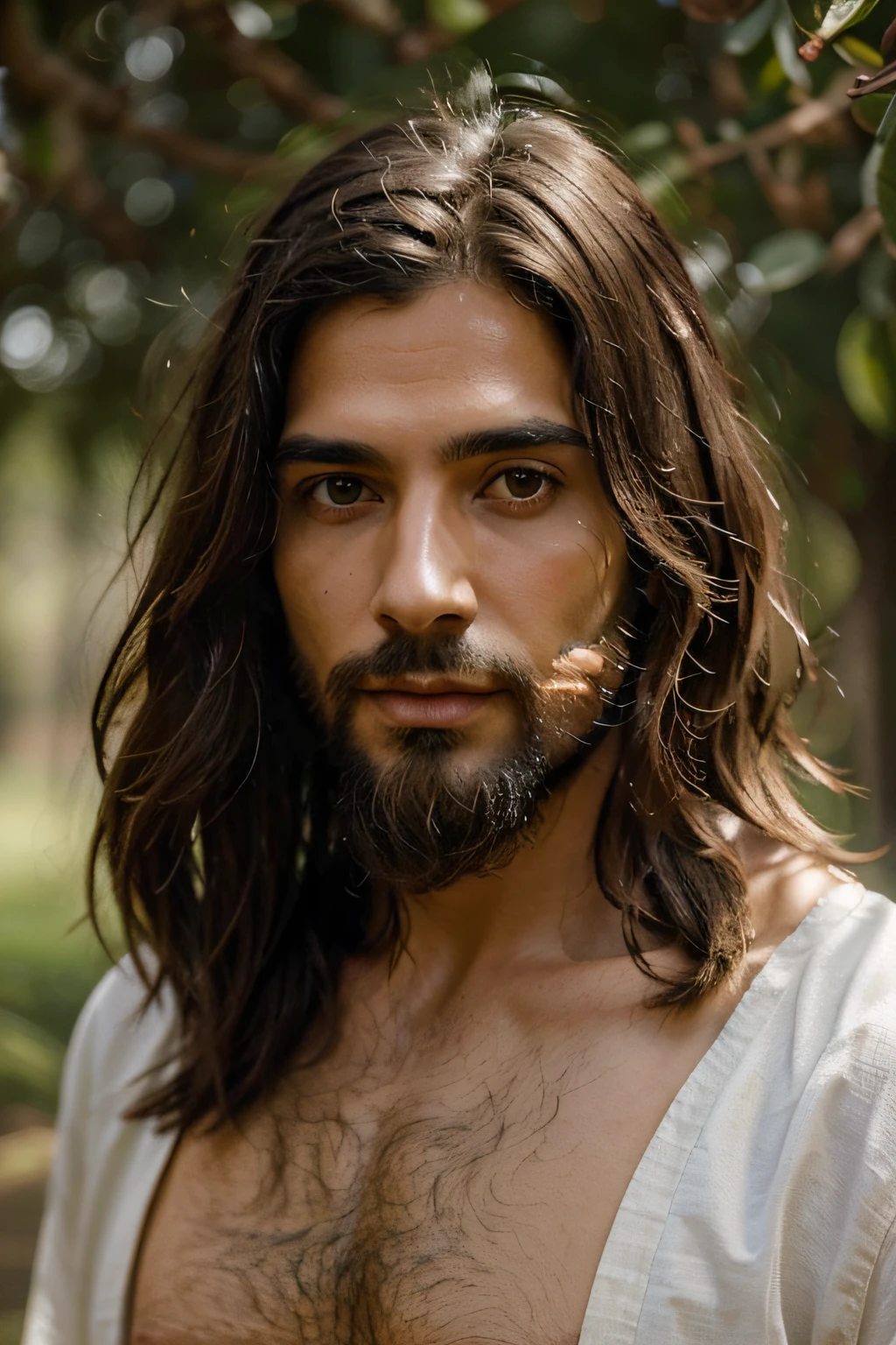 Arafed man with long hair and beard standing in a park - SeaArt AI