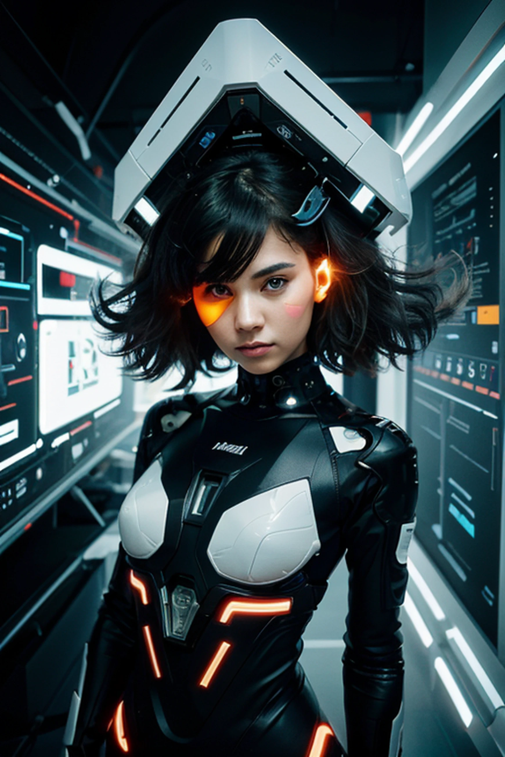 A woman in a futuristic suit standing in front of a computer screen ...