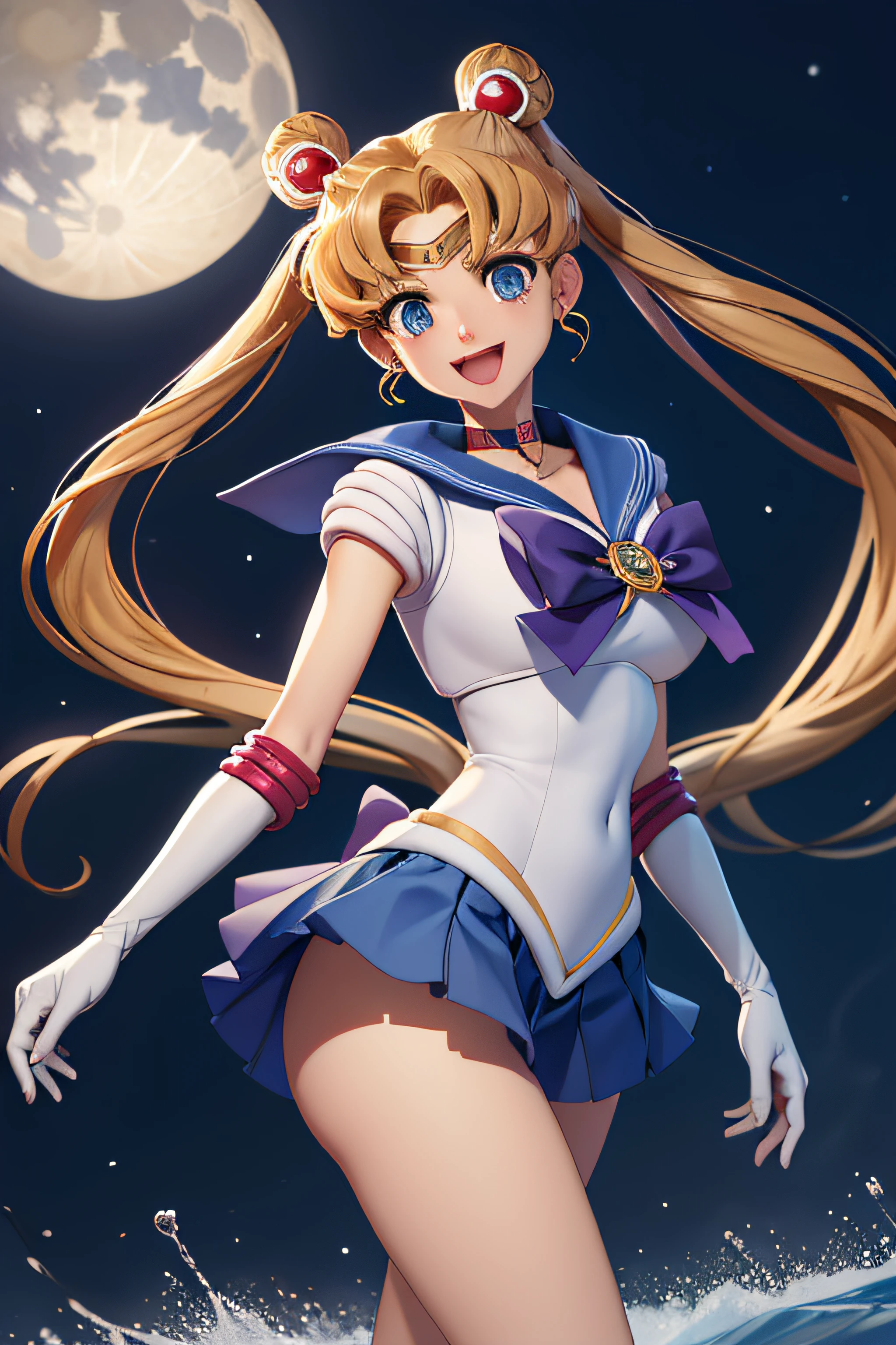 Meisterwerk, Die beste Qualität, Absurditäten, perfekte Anatomie, 1 Mädchen, nur, smmoon, 1990er Jahre \(Stil\), Blonder Sailor Moon, En pie, Sie lächeln, Cowboy-Schuss, Sailor Senshi-Uniform, Matrosenhalskette, blauer Rock, Ellenbogenhandschuhe, in Rückenlage, Präsentieren Sie Ihre Beute, Rückwärts, Kein Tanga, großer Hintern, Ultra-Minirock im Schneidersitz sitzend, Überkreuzte Beine, ( Rückenhaltung)