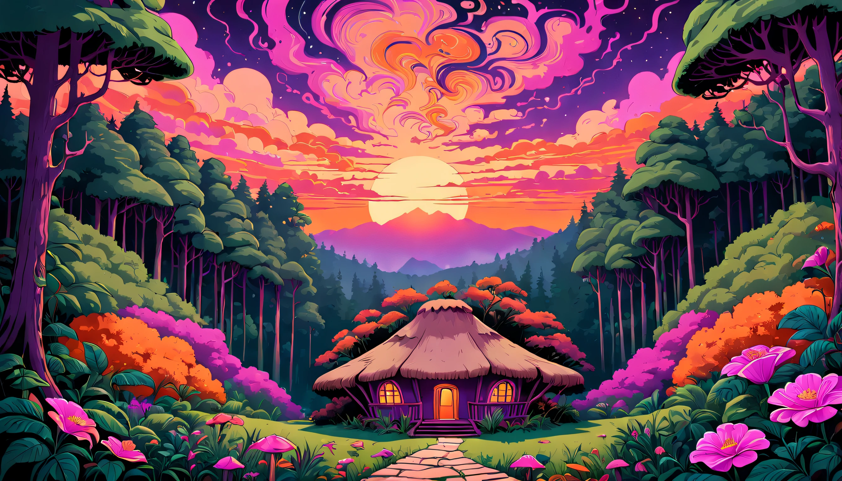 Mysterious mountain cabin nestled between dense trees and a village in between, Psychedelic forests, With a breathtaking sunset sky flipping vibrant, warm shades of purple, rosa e laranja, creating an atmosphere of curiosity and intrigue.