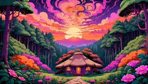 Misteriosa cabana de montanha aninhada entre densas e uma vila no meio, Psychedelic forests, With a breathtaking sunset sky flip...