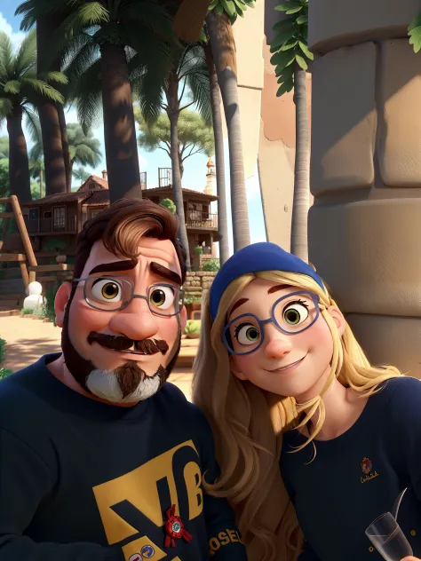 Casal feliz ,estilo Pixar,mulher loira. . Homem  moreno, com barba uniforme grisalha.