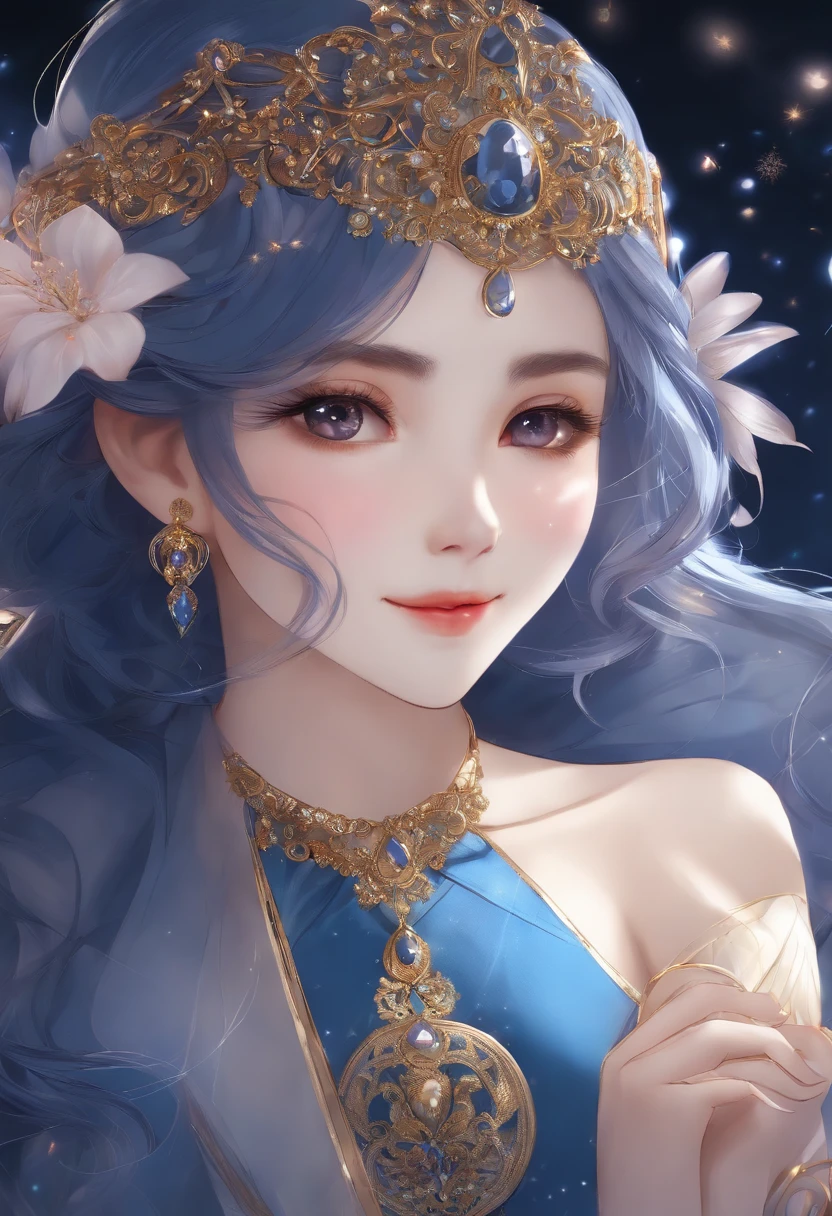 (Masterpiece, Best quality, high resolution, Ultra-detailed, 8k, 4K), artbook, anime coloring, CG, illustration , fantasy, mksks ,1fille, bare, earrings, neckleace, The background is a huge ornate circular pattern, ssmile, Heureux de regarder le spectateur, fireworks, stars, Nuit, dehors, (dutch angle), closeup headshot, Mise au point sur le visage, Haut du corps, yoimiya (Impact de Genshin)