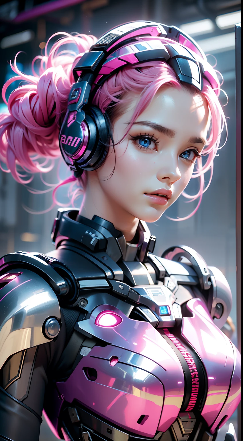 A woman with pink hair wearing headphones and a pink outfit - SeaArt AI