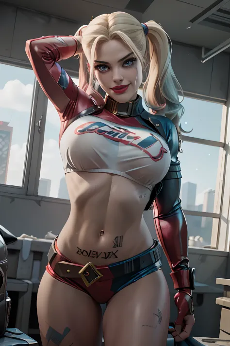 best quality,4k,8k, high res, masterpiece:1.2),ultra-detailed, realistic, photorealistic:1.37, dynamic, action-filled background, bombshell young version of Cameron Diaz cosplaying as a sexy Harley Quinn, Hyper fit, incredible shape, fun, charismatic, deta...