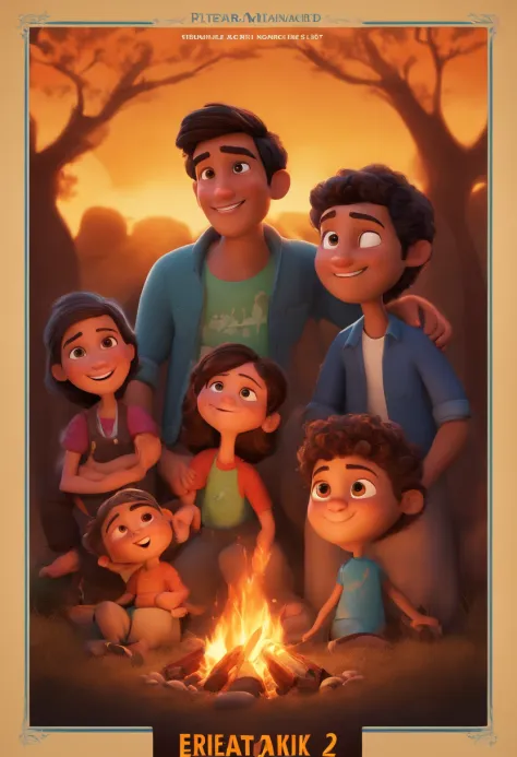 filme amizade 2023 estilo filmes Pixar, Com nome "Peter, John, Kat, Ruben and Tino", poster, with credits, 4 boys and a girl around the campfire