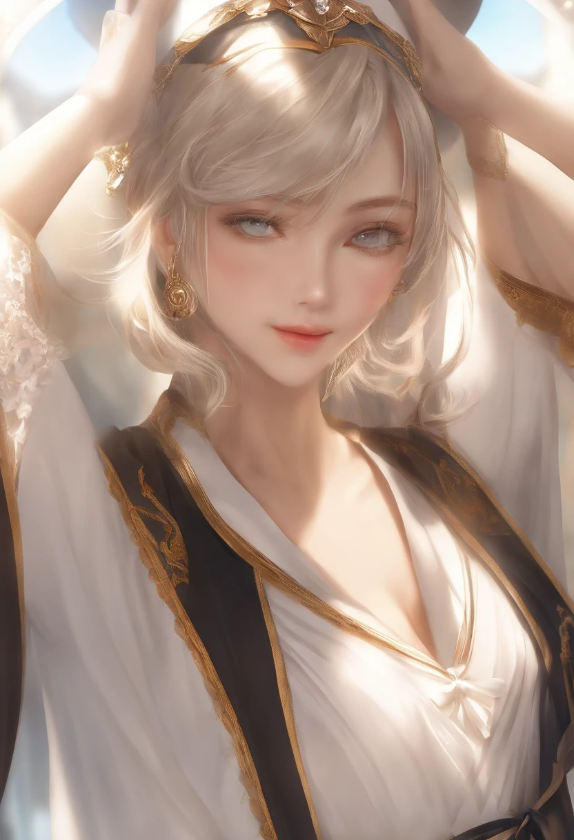 highres, master part,highest quallity, ultra detaild, (detailedeyes), (face detailed), 1girl,illustration, white  hair, Eyes red, highest details, (olhos luminosos), Flat grills,  Backlighting, (diaphragm:1.4), lightrays, hight contrast, fullcolor,Chambers_idolmaster, (pony-tail:1.2),(glad:1.2),Looking at Viewer,upperbody,(white  shirt:1.3),(Small hat with bat wings),(hair clip:1.2)