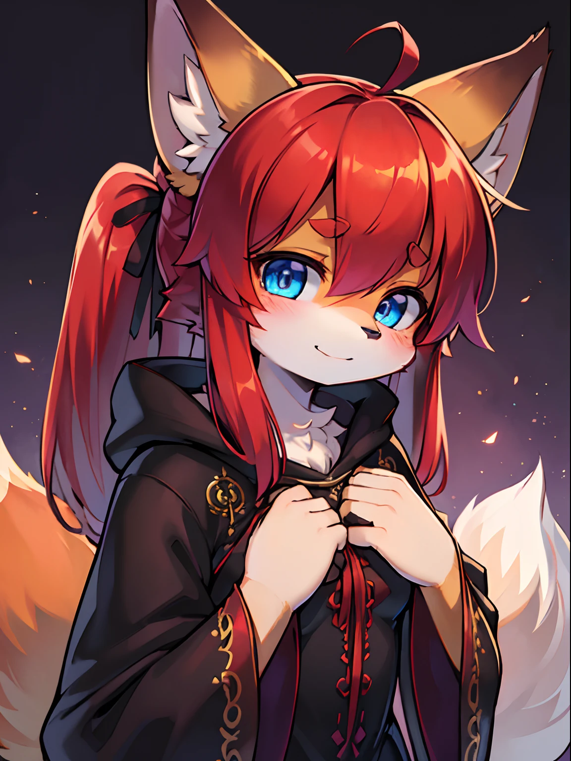 solo woman, kitsune woman, beautiful and cute eyes, (blue eyes), fox ears (red fox ears), long hair, (red hair), fox tails, twintails, (red fox tails),fluffy tails,  (dark red fur), shy face, light smile, (purple and black dress),  (purple torn short cloak embroidered in gold light:1.2) , absurdres, extreme detail, blushing, (shaded), (detailed lighting), (cinematic lighting), ( RAW photo, high resolution, high details, best quality), high definition, (high sharpness:1.3), sidelocks, hair between eyes,