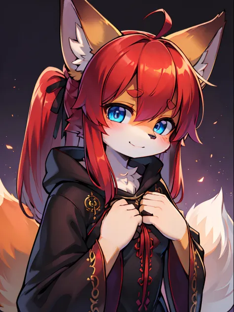 solo woman, kitsune woman, beautiful and cute eyes, (blue eyes), fox ears (red fox ears), long hair, (red hair), fox tails, twin...