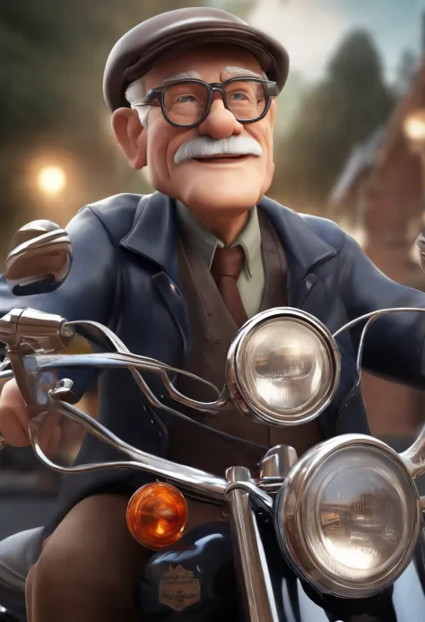 a 3D Disney Pixar style poster of an elderly man with glasses,  pilotando uma Harley Davison 883 em um passeio de motocicleta