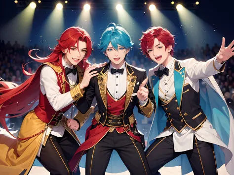Four Men、A male idol group is doing a live event。Colorful and fantasy costumes。singing a songs.dynamic dancing、A bullish man with red hair, a man with glasses with blue hair, and a gentleman with green hair。full body,cute smiling