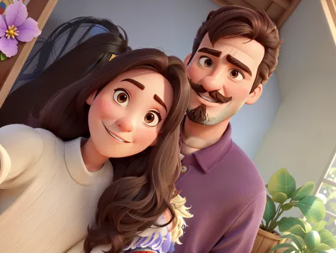 Casal estilo Disney pixar, homem com cavanhaque e bigode, mulher com cabelo longo liso castanho escuro.